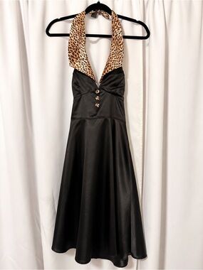 Rock Steady Vintage Y2K Black Satin Leopard Halter Dress Pin Up Rockabilly M